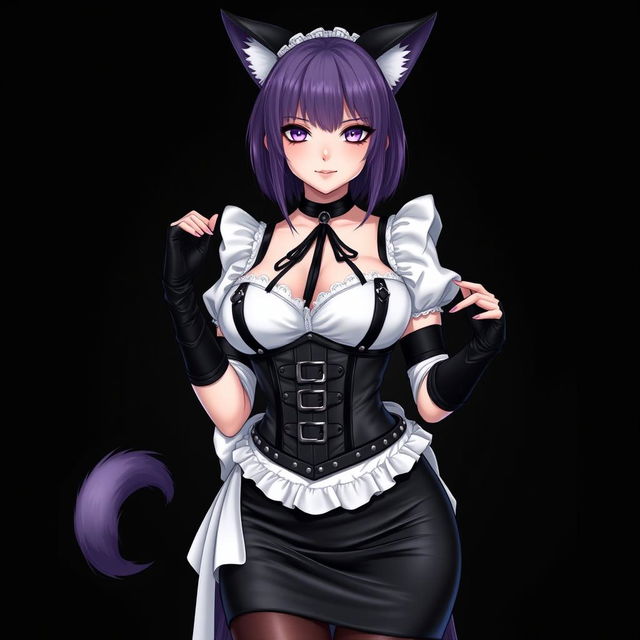 A sexy gothic semi-realistic anime kitsune girl maid, showcasing gothic makeup and shoulder-length purple hair styled in a bun