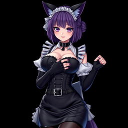 A sexy gothic semi-realistic anime kitsune girl maid, showcasing gothic makeup and shoulder-length purple hair styled in a bun