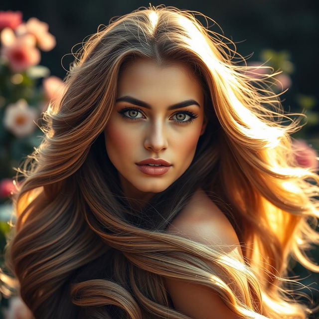 A stunning portrait of a woman with an extravagant amount of long, flowing hair that cascades down her shoulders and back, creating a dramatic and eye-catching effect