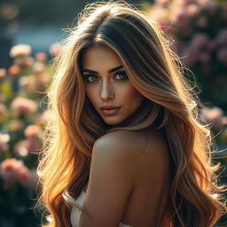 A stunning portrait of a woman with an extravagant amount of long, flowing hair that cascades down her shoulders and back, creating a dramatic and eye-catching effect