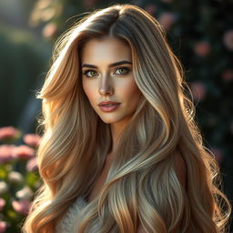 A stunning portrait of a woman with an extravagant amount of long, flowing hair that cascades down her shoulders and back, creating a dramatic and eye-catching effect