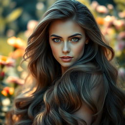 A stunning portrait of a woman with an extravagant amount of long, flowing hair that cascades down her shoulders and back, creating a dramatic and eye-catching effect
