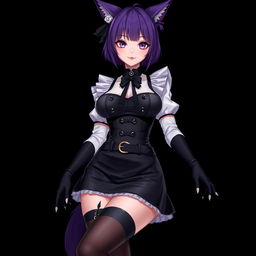 A sexy gothic semi-realistic anime kitsune girl maid, characterized by gothic makeup and shoulder-length purple hair styled in a bun, adorned with a black hairpin