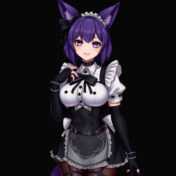 A sexy gothic semi-realistic anime kitsune girl maid, characterized by gothic makeup and shoulder-length purple hair styled in a bun, adorned with a black hairpin
