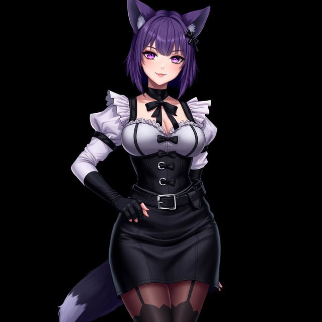 A sexy gothic semi-realistic anime kitsune girl maid, characterized by gothic makeup and shoulder-length purple hair styled in a bun, adorned with a black hairpin