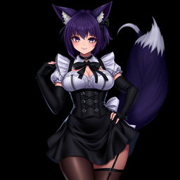 A sexy gothic semi-realistic anime kitsune girl maid, characterized by gothic makeup and shoulder-length purple hair styled in a bun, adorned with a black hairpin
