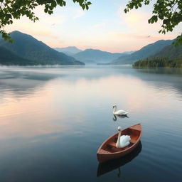 A serene landscape depicting a peaceful morning on a quiet lake surrounded by lush green mountains