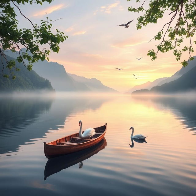 A serene landscape depicting a peaceful morning on a quiet lake surrounded by lush green mountains