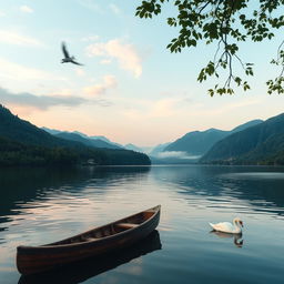 A serene landscape depicting a peaceful morning on a quiet lake surrounded by lush green mountains