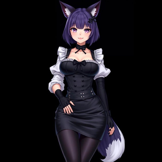 A sexy gothic semi-realistic anime kitsune girl maid, featuring gothic makeup and shoulder-length purple hair styled in a bun, adorned with a black hairpin