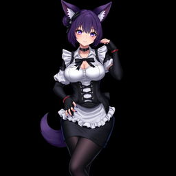 A sexy gothic semi-realistic anime kitsune girl maid, featuring gothic makeup and shoulder-length purple hair styled in a bun, adorned with a black hairpin