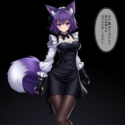A sexy gothic semi-realistic anime kitsune girl maid, featuring gothic makeup and shoulder-length purple hair styled in a bun, adorned with a black hairpin