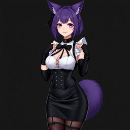 A sexy gothic semi-realistic anime kitsune girl maid, featuring gothic makeup and shoulder-length purple hair styled in a bun, adorned with a black hairpin