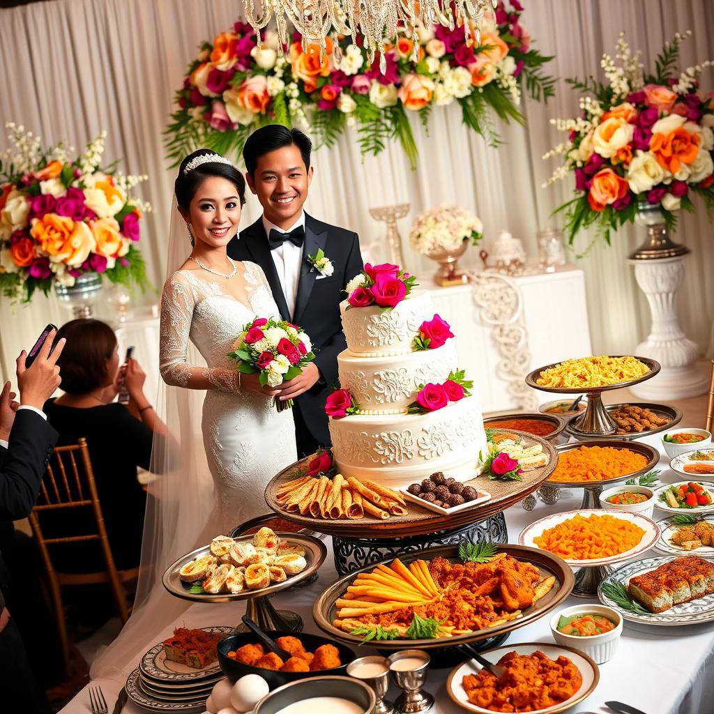 A beautiful wedding scene featuring a bride and groom dressed in elegant traditional attire, surrounded by a lavish display of various world cuisines