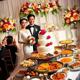 A beautiful wedding scene featuring a bride and groom dressed in elegant traditional attire, surrounded by a lavish display of various world cuisines