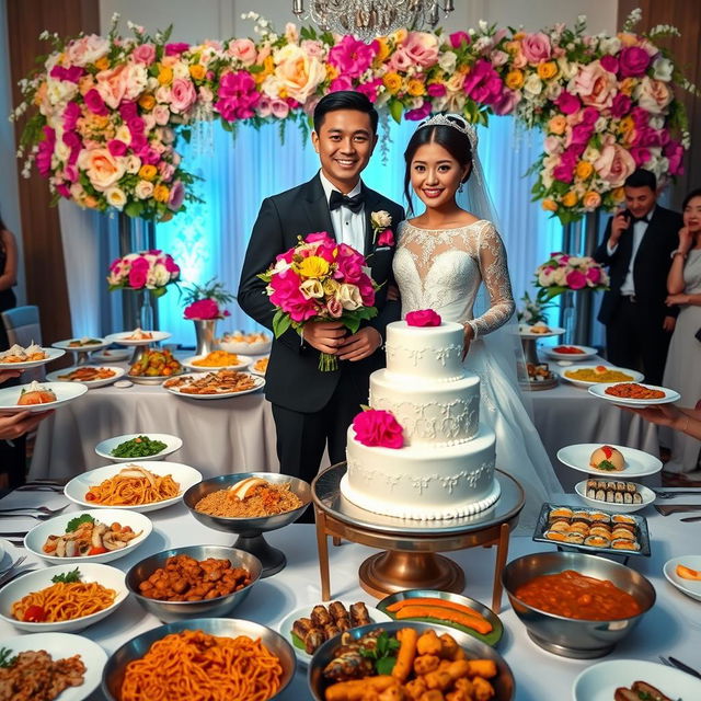 A beautiful wedding scene featuring a bride and groom dressed in elegant traditional attire, surrounded by a lavish display of various world cuisines