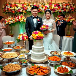 A beautiful wedding scene featuring a bride and groom dressed in elegant traditional attire, surrounded by a lavish display of various world cuisines