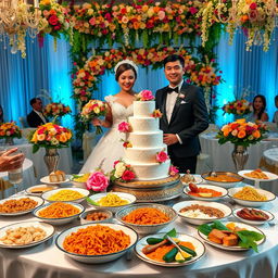 A beautiful wedding scene featuring a bride and groom dressed in elegant traditional attire, surrounded by a lavish display of various world cuisines