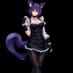 A sexy gothic semi-realistic anime kitsune girl maid, featuring gothic makeup and shoulder-length purple hair styled in a bun, complemented by a black hairpin
