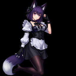 A sexy gothic semi-realistic anime kitsune girl maid, featuring gothic makeup and shoulder-length purple hair styled in a bun, complemented by a black hairpin