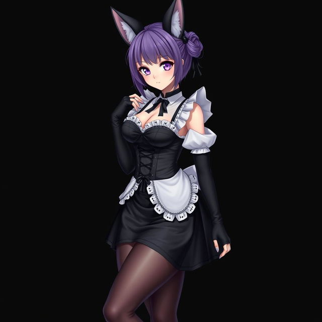 A sexy gothic semi-realistic anime kitsune girl maid, featuring gothic makeup and shoulder-length purple hair styled in a bun, complemented by a black hairpin