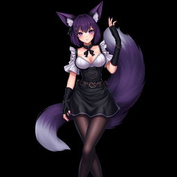 A sexy gothic semi-realistic anime kitsune girl maid, featuring gothic makeup and shoulder-length purple hair styled in a bun, complemented by a black hairpin