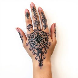 A beautifully intricate hand tattoo design by Korosh Kabir, featuring a stunning hand seal symbol that embodies mysticism and elegance