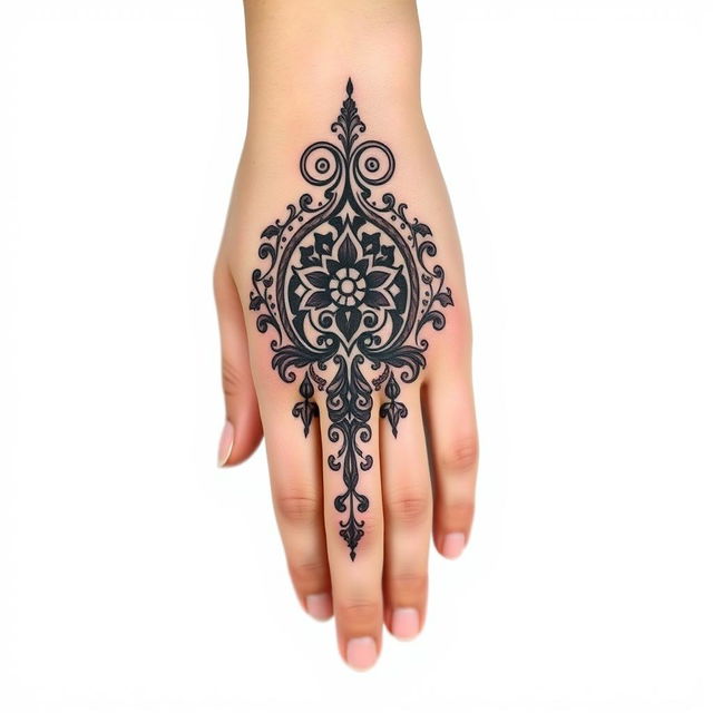 A beautifully intricate hand tattoo design by Korosh Kabir, featuring a stunning hand seal symbol that embodies mysticism and elegance