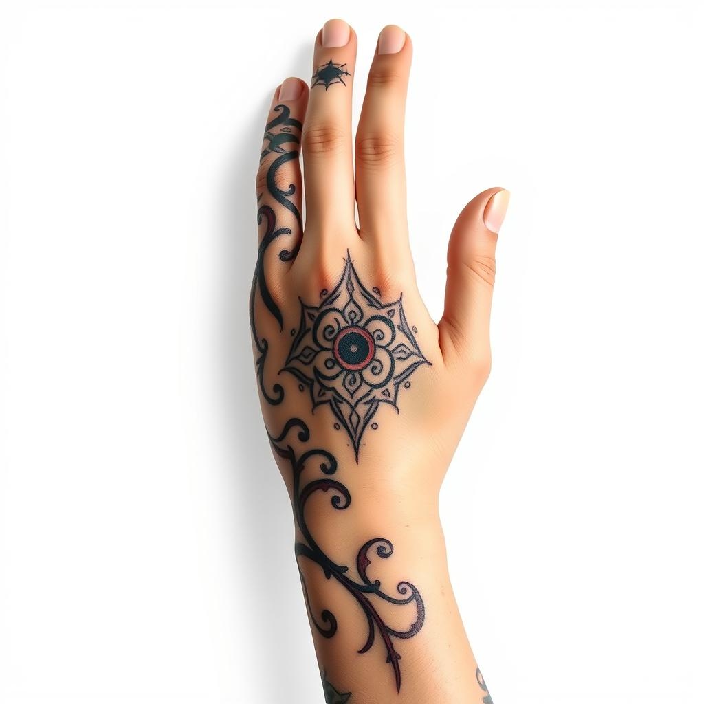 A beautifully intricate hand tattoo design by Korosh Kabir, featuring a stunning hand seal symbol that embodies mysticism and elegance