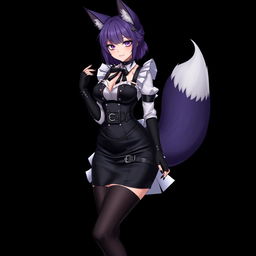 A sexy gothic semi-realistic anime kitsune girl maid, showcasing gothic makeup and shoulder-length purple hair styled in a bun, featuring a black hairpin