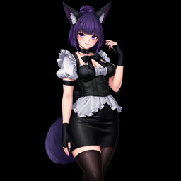 A sexy gothic semi-realistic anime kitsune girl maid, showcasing gothic makeup and shoulder-length purple hair styled in a bun, featuring a black hairpin