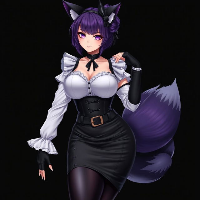 A sexy gothic semi-realistic anime kitsune girl maid, showcasing gothic makeup and shoulder-length purple hair styled in a bun, featuring a black hairpin