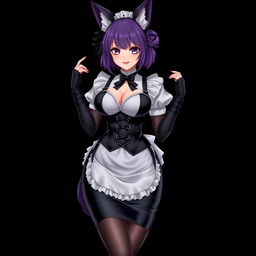 A sexy gothic semi-realistic anime kitsune girl maid, showcasing gothic makeup and shoulder-length purple hair styled in a bun, featuring a black hairpin