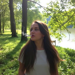 A woman enjoying a peaceful moment in nature, smoking a cigarette