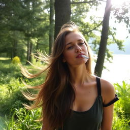 A woman enjoying a peaceful moment in nature, smoking a cigarette