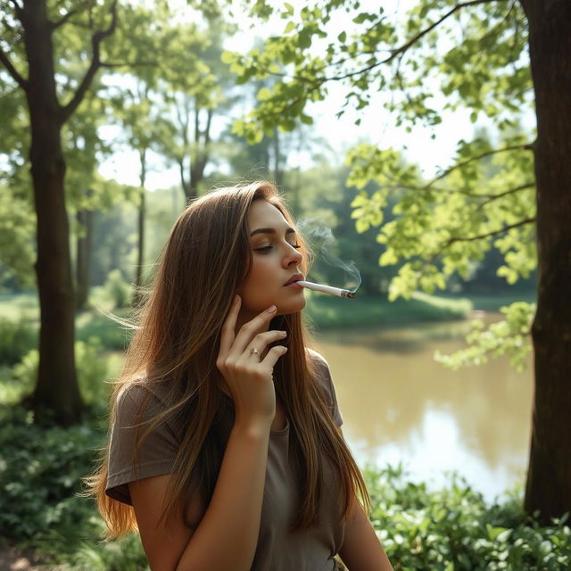 A woman enjoying a peaceful moment in nature, smoking a cigarette