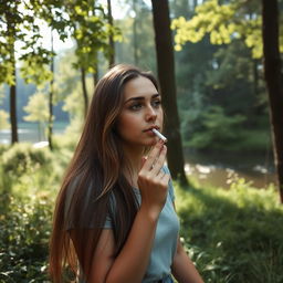 A woman enjoying a peaceful moment in nature, smoking a cigarette