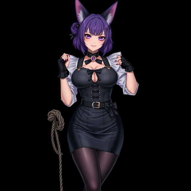 A sexy gothic semi-realistic anime kitsune girl maid, featuring gothic makeup and shoulder-length purple hair styled in a bun, adorned with a black hairpin