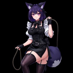A sexy gothic semi-realistic anime kitsune girl maid, featuring gothic makeup and shoulder-length purple hair styled in a bun, adorned with a black hairpin