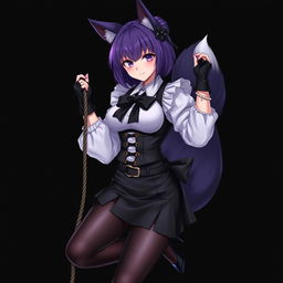 A sexy gothic semi-realistic anime kitsune girl maid, featuring gothic makeup and shoulder-length purple hair styled in a bun, adorned with a black hairpin