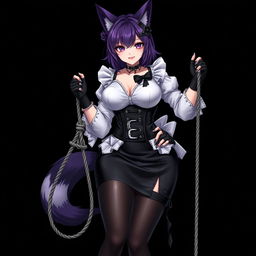 A sexy gothic semi-realistic anime kitsune girl maid, featuring gothic makeup and shoulder-length purple hair styled in a bun, adorned with a black hairpin