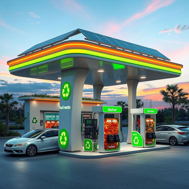 A futuristic gas station powered by food waste, featuring a sleek, eco-friendly design with solar panels on the roof, bright green signage, and a large food waste collection bin