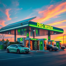 A futuristic gas station powered by food waste, featuring a sleek, eco-friendly design with solar panels on the roof, bright green signage, and a large food waste collection bin