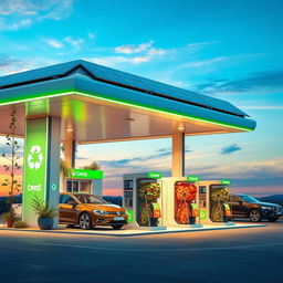 A futuristic gas station powered by food waste, featuring a sleek, eco-friendly design with solar panels on the roof, bright green signage, and a large food waste collection bin