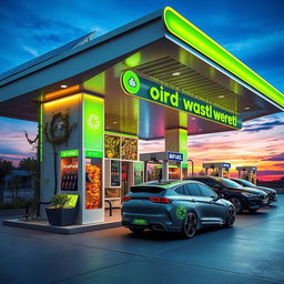 A futuristic gas station powered by food waste, featuring a sleek, eco-friendly design with solar panels on the roof, bright green signage, and a large food waste collection bin