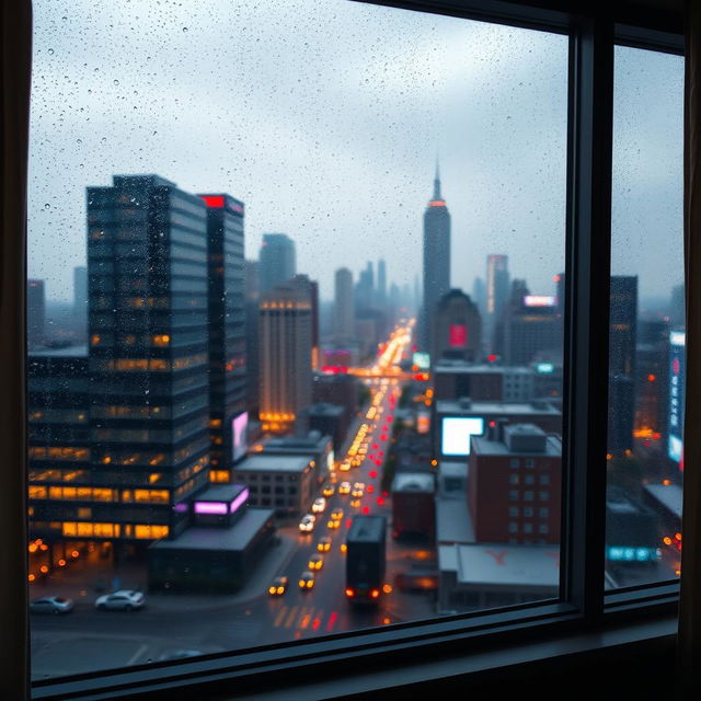 A large window with a beautiful view of a vibrant cityscape, capturing the skyline filled with modern skyscrapers, lively streets, and glowing lights