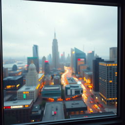 A large window with a beautiful view of a vibrant cityscape, capturing the skyline filled with modern skyscrapers, lively streets, and glowing lights