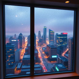 A large window with a beautiful view of a vibrant cityscape, capturing the skyline filled with modern skyscrapers, lively streets, and glowing lights