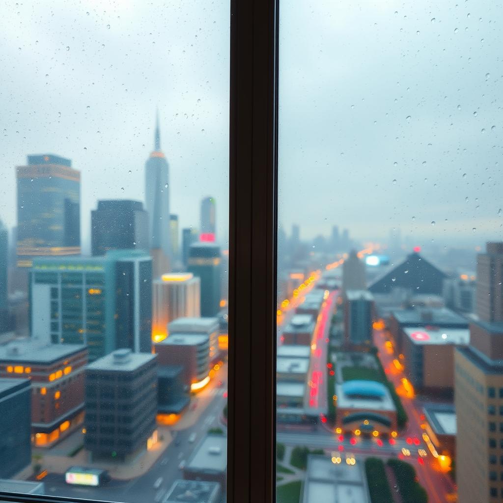 A large window with a beautiful view of a vibrant cityscape, capturing the skyline filled with modern skyscrapers, lively streets, and glowing lights