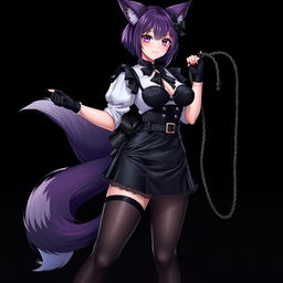 A sexy gothic semi-realistic anime kitsune girl maid, showcasing gothic makeup and shoulder-length purple hair styled in a bun, adorned with a black hairpin